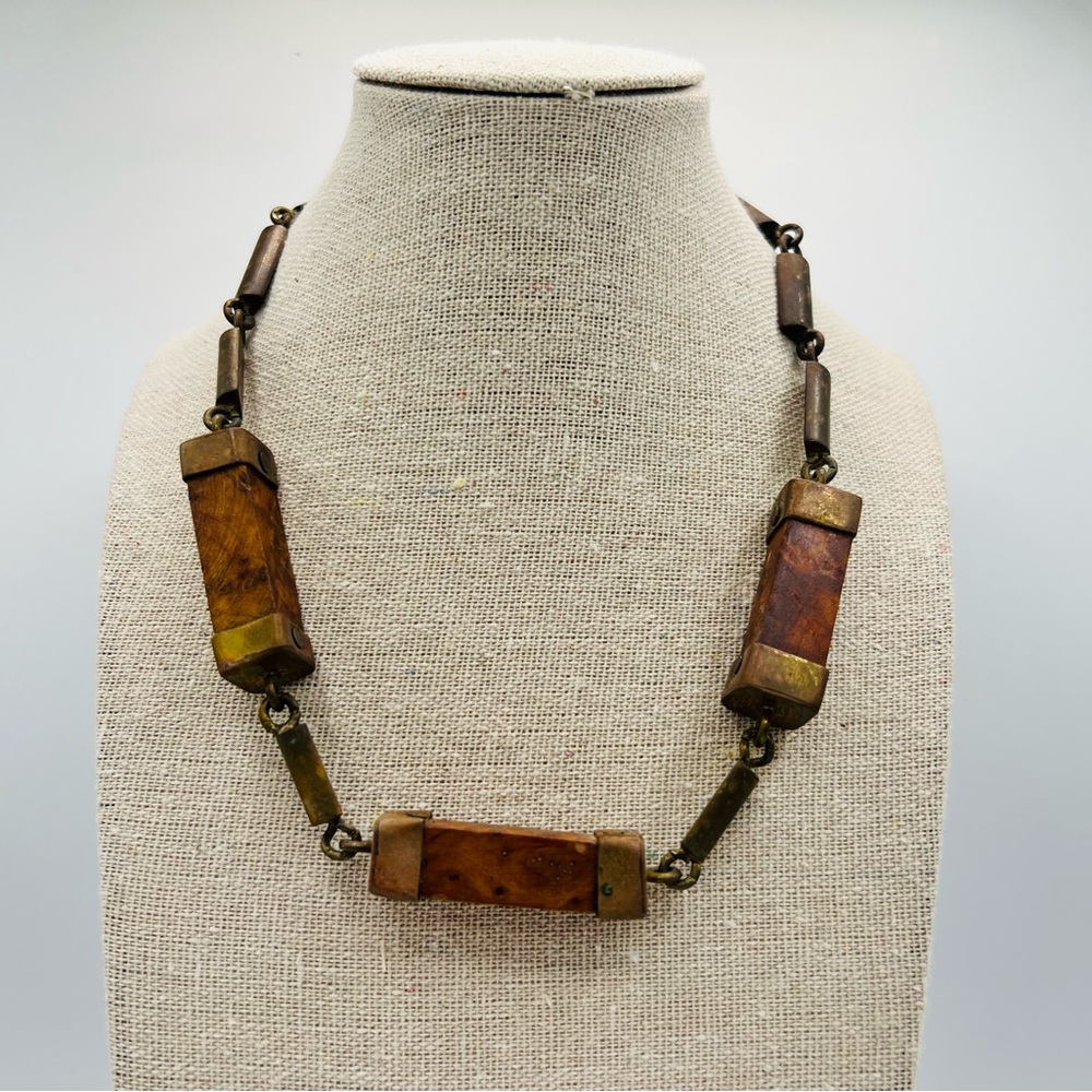 Vintage brutalist TRIKA 16” brass and wood block bead necklace - Picture 3 of 13